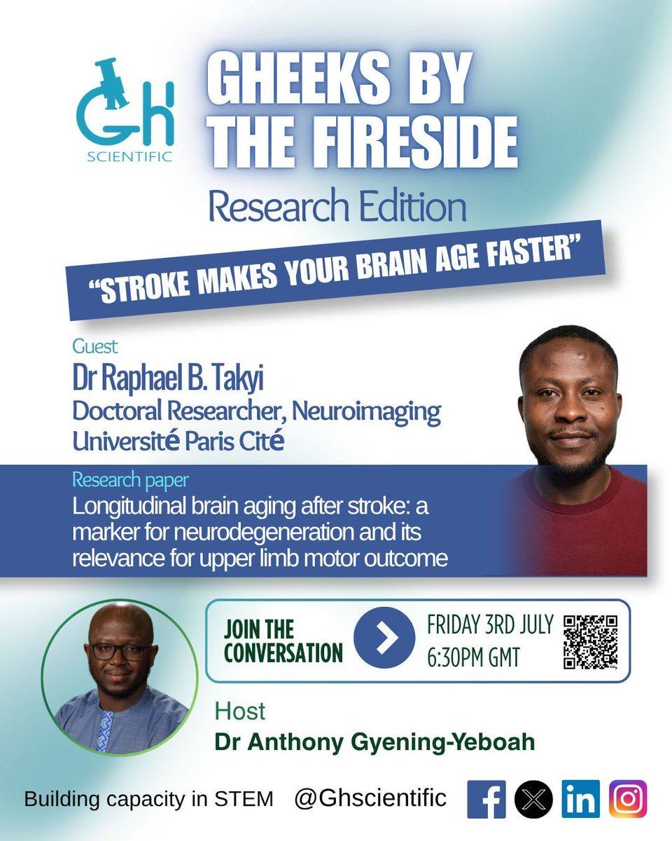 Ghscientific's tweet photo. Join Dr.Anthony Gyening-Yeboah and our guest for the first episode, Dr. Raphael Takyi. They'll be looking into what the research has to say about stroke and it's long-term effects on the brain. Register at https://t.co/CYG3ejk2vq https://t.co/oEGBoq12Im