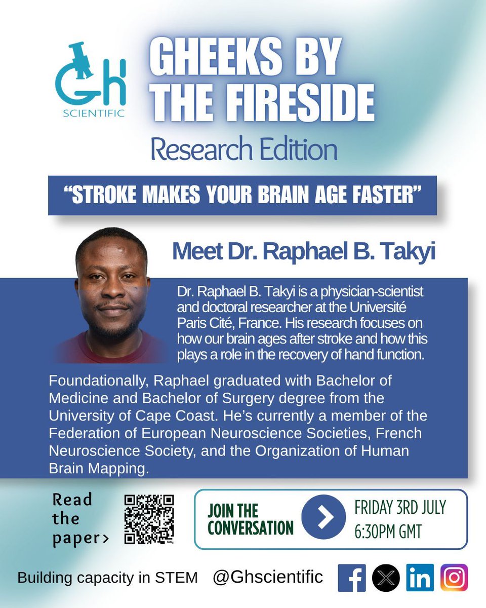 Ghscientific's tweet photo. Join Dr.Anthony Gyening-Yeboah and our guest for the first episode, Dr. Raphael Takyi. They'll be looking into what the research has to say about stroke and it's long-term effects on the brain. Register at https://t.co/CYG3ejk2vq https://t.co/oEGBoq12Im