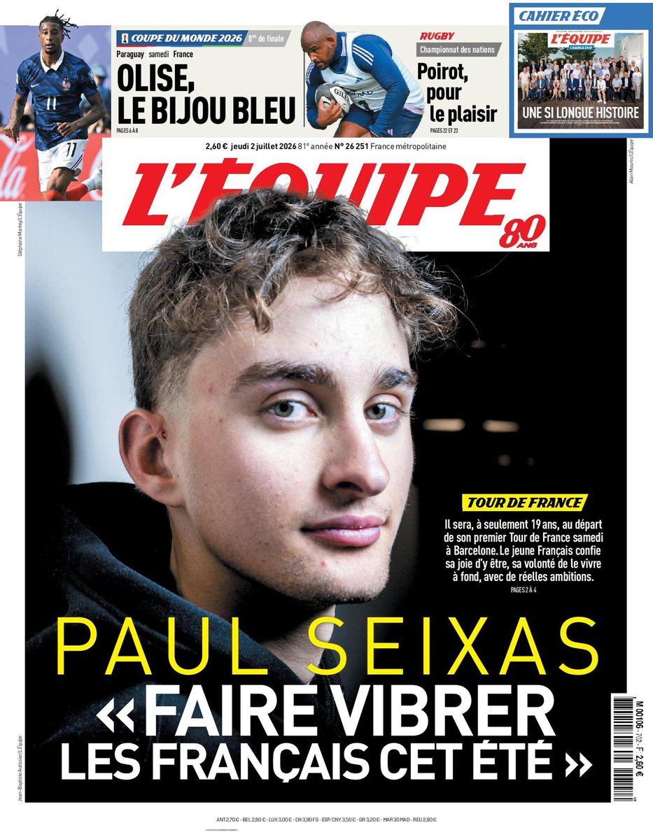 lequipe's tweet photo. 🗞️ La une du journal L'Équipe du jeudi 2 juillet 2026
Pour lire votre édition➡️ https://t.co/M6JaKBEWct https://t.co/lbNTyB1X6Y