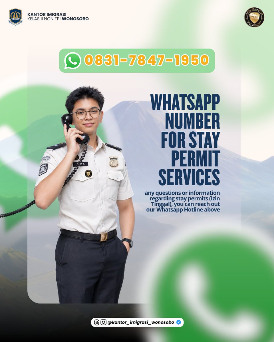 Kanim_wonosobo's tweet photo. 📲 Butuh informasi atau layanan izin tinggal?

💬 Hubungi kami di 0831-7847-1950 dan dapatkan pelayanan yang cepat, mudah, dan responsif. https://t.co/Nacnbo4f9R