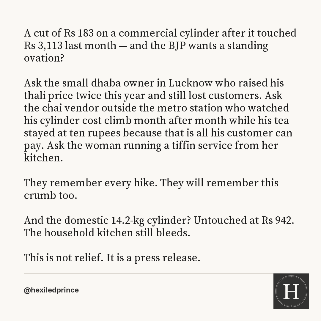 hexiledprince's tweet photo. A modest cut after years of brutal hikes is not a gift — it is the bare minimum. Small dhabas and vendors bore the full weight of those hikes. Where was Modi's credit then? https://t.co/PkLOiWSsVw