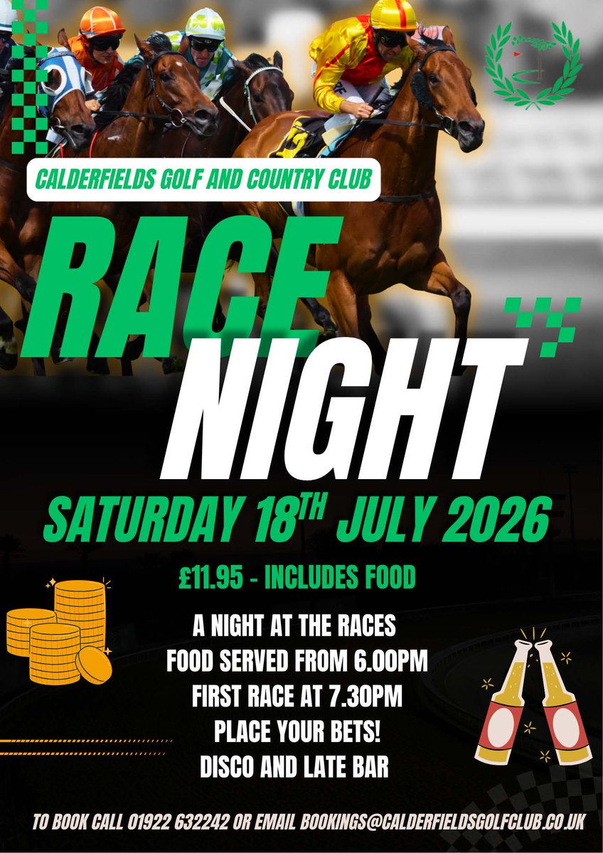CalderfieldsGCC's tweet photo. Our next Race Night will be on Saturday 18th July 2026.

Only £11.95 per person and that includes your Curry meal.

Book your places at our Clubhouse Reception Desk or by E-mailing bookings@calderfieldsgolfclub.co.uk or by calling us on 01922 63 22 43, it's that easy! https://t.co/z753LIsl3P