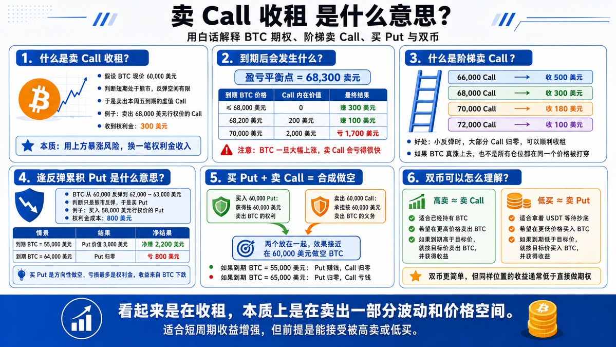 PhyrexNi's tweet photo. 什么是卖 Call 收租？什么是阶梯卖 Call ？什么是累积 Put ？期权，双币小细节

读了 @BTC__options 和 @CryptoRounder 两位小伙伴的卖 Call 收租的期权，写的非常好，我现在也在用类似的策略，当然，我用的是双币，但考虑到可能很多小伙伴不太理解，我就用白话解释一下，什么是卖 Call 收租。

假设  现在是 60,000 美元

假如判断目前处于熊市期间，短期就算反弹也很难突破太多，于是卖一个本周五到期的虚值 Call，比如：

卖出 68,000 美元行权价的 Call，并假设能收到权利金是 300 美元，这时候的逻辑就是：

只要本周五到期时，BTC 没有涨到 68,000 美元以上，这个 Call 就会归零，收到的 300 美元权利金就是利润。

假如出现以下的几种情况：

1. BTC 在周五北京时间下午 16点小于 68,000 美元，Call 归零，赚 300 美元。

2.A BTC 在周五北京时间下午 16点大于 68,000 美元，Call 被打穿，假如当时的 BTC 是 68,200 美元，内在价值是 200 美元，收了 300 美元的权力金，所以赚 100 美元。

2.B BTC 在周五北京时间下午 16点大于 68,000 美元，Call 被打穿，假如当时的 BTC 是 70,000 美元，内在价值是 2,000 美元，收了 300 美元的权力金，所以亏 1,700 美元。

所以卖 Call 收租的本质就是用暴涨风险，去换一笔权利金收入。

说人话就是不相信短期 Bitcoin 会暴涨，所以卖不出的 BTC 就会给你权利金。

当然风险就是，只要 BTC 突然大幅上涨，卖 Call 会亏得很快。

所以很多小伙伴不会一次性卖一个价格，而是做阶梯卖 Call，那么什么是阶梯卖 Call ？

比如 BTC 现在 60,000 美元，可以这样卖：

卖 66,000 Call，收 500 美元。

卖 68,000 Call，收 300 美元。

卖 70,000 Call，收 180 美元。

卖 72,000 Call，收 100 美元。

这样做的好处是价格如果只是小反弹，几个 Call 都归零，顺利赚到所有的权利金，如果 BTC 真涨上去，也不是全部仓位都在同一个位置被打穿。

那么逢反弹累积 Put 是什么意思呢？

还是 BTC 60,000 美元。

如果 BTC 反弹到 62,000 或 63,000 美元，觉得这只是熊市反弹，于是买 Put。

比如买入 58,000 美元行权价的 Put，假设花费 800 美元权利金，如果 BTC 后面跌到 55,000 美元，这个 Put 到期价值是 3,000 美元，扣掉 800 美元成本，赚 2,200 美元。

如果 BTC 没跌，甚至涨到 64,000 美元，这个 Put 归零，亏掉 800 美元权利金。

所以买 Put 是方向性做空，亏损最多是权利金，收益来自 BTC 下跌。

最后说一下 买 Put + 卖 Call = 合成期货做空。

仍然假设 BTC 现在 60,000 美元。

同时做两件事，买入 BTC 在 60,000 美元的 Put 以及 卖出 BTC 在 60,000 美元的 Call 。

如果到期时 BTC 跌到 55,000 美元。Put 价值 5,000 美元。Call 归零。

所以实际上，买入 60,000 美元行权价的 Put，代表买了一个到期时可以按 60,000 美元卖出 BTC 的权利，如果 BTC 跌的越多，这个 Put 越赚钱。

卖出 60,000 Call，是把一个按 60,000 美元买入 BTC 的权利卖给别人，BTC 涨到 60,000 以上以后，要承担按 60,000 卖出 BTC 的义务，所以 BTC 涨得越多亏得越多。

两个放在一起，效果就相当于在 60,000 美元做空 BTC。

解释完毕，但我估计仍然有很多小伙伴看着头疼，所以双币其实就是解决这个问题，当然在解决问题的同时，交易所会收取一部分的权利金，所以同样的一个位置，双币的收益会低于期权，但双币确实更简单。

卖 Call 就相当于高卖，就是用较高的价格卖出 BTC 。

比如目前 BTC 的价格是 60,000 美元，预期周五 BTC 的价格是 65,000 美元，权利金是 200 美元（100被交易所吃掉了）。

那么当 BTC 在北京时间周五下午 16点 时价格没有低于 65,000 美元，会获得 200 美元的收益。

如果高于 65,000 美元，即便到了 70,000 美元，也只会按照 65,000 美元卖出 BTC ，并给与 200 美元的权利金。

卖 PUT 就是相反，是低买，就是用较低的价格买入 BTC 。

比如我个人现在就是用卖 PUT 的方式抄底 BTC ，同样现在 BTC 的价格是 60,000 美元，我用 59,000 美元买入 BTC ，如果价格到了 59,000 美元或者更低，我都是会用这个价格买入 BTC ，即便是 BTC 的价格只有 50,000 美元，我也只能用 59,000 美元买入。

所以就我个人来说，不论是期权还是双币，还是短时间比较安全。

结束