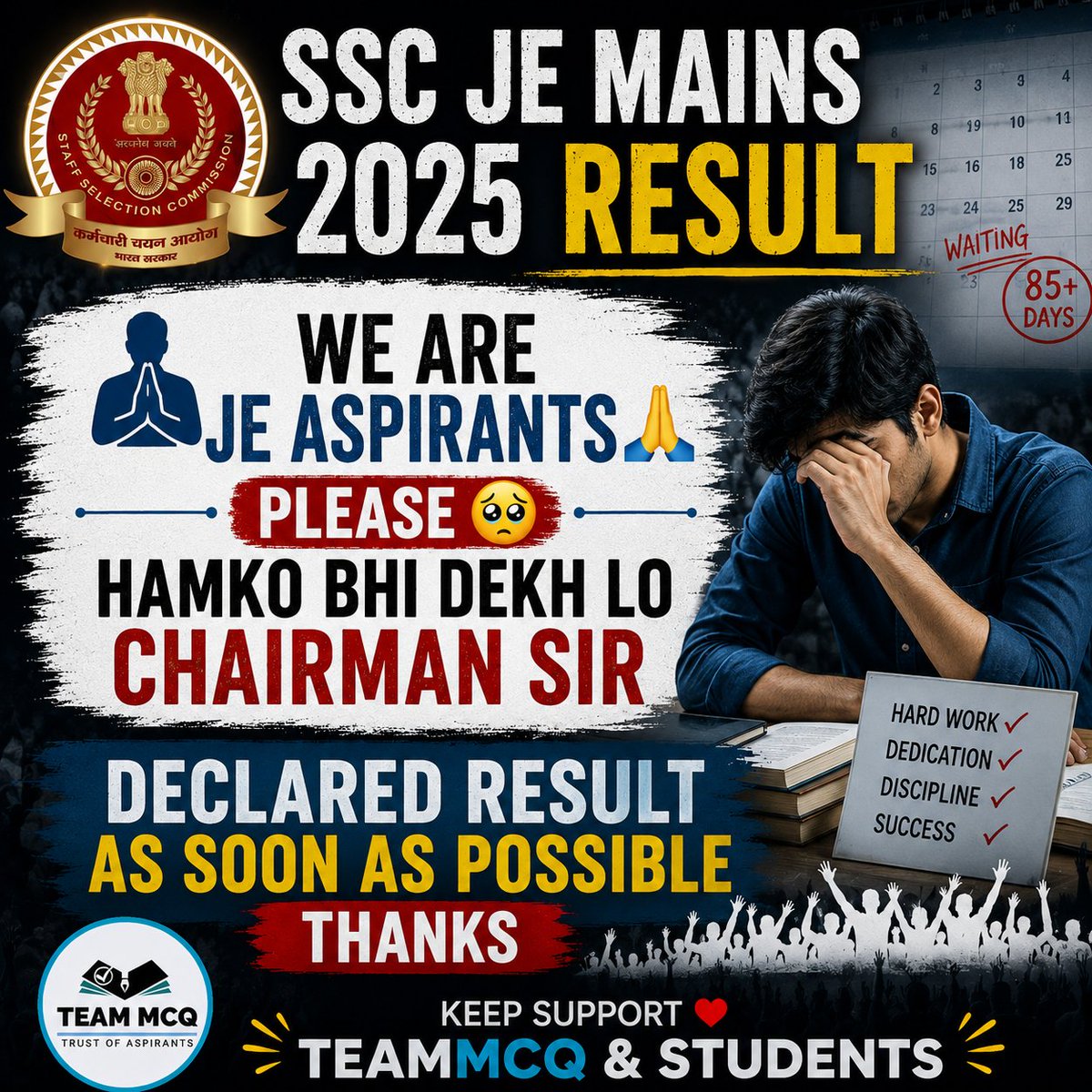 TeamMCQOfficial's tweet photo. The prolonged uncertainty is pushing thousands of engineering aspirants into deep depression. We are unable to focus on our next goal or prepare for other exams.Dear Chairman Sir,please listen to our pleas and release the results.🛑
@SSC_GoI
#SSCJEMAINS2025RESULT
#RESULTSSCJE2025 https://t.co/jtbyNcfVSb