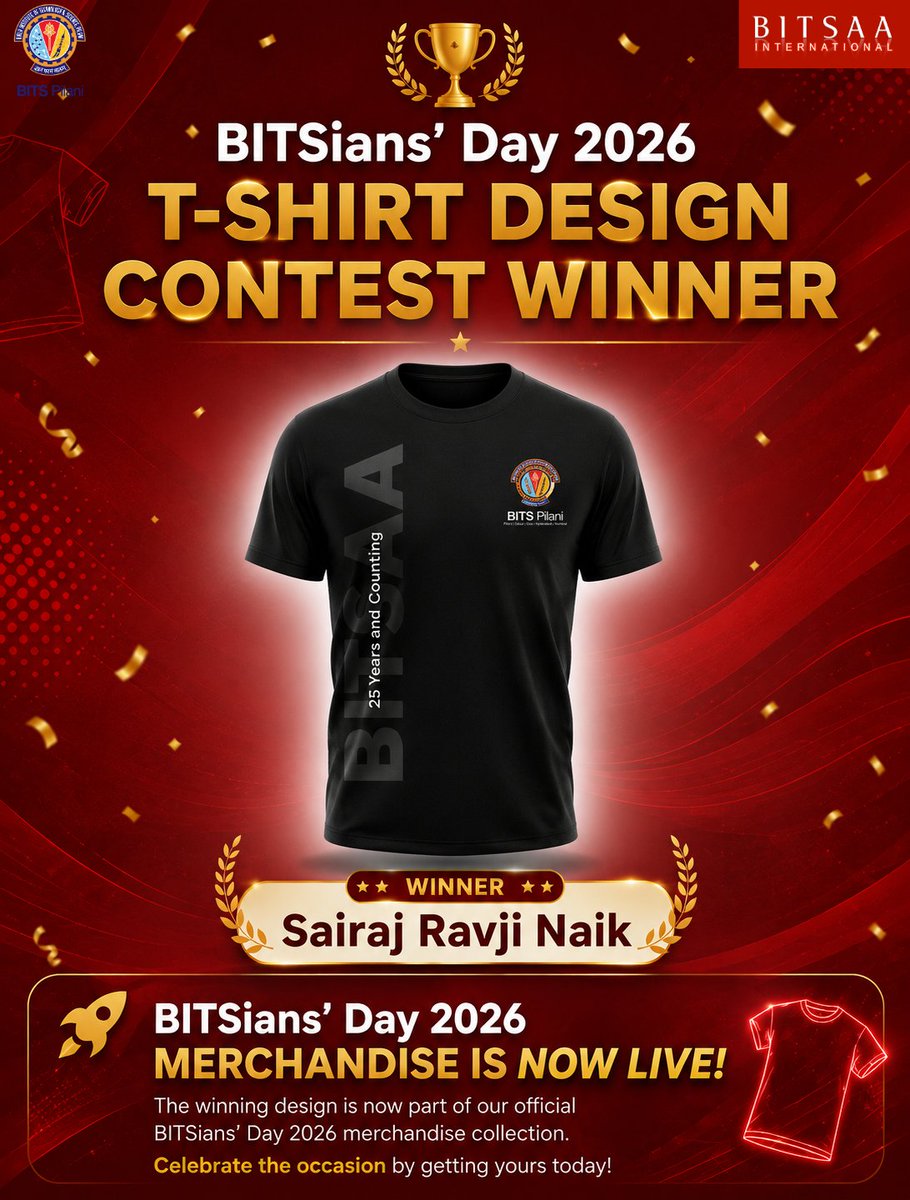 BITSAA's tweet photo. 🏆 Congrats to Sairaj Ravji Naik on winning the #BITSiansDay2026 T-Shirt Design Contest! 🎉

👕 The official merchandise is now LIVE.

🛍️ Shop: https://t.co/qnav4Ljq5D
🌍 International ordering links coming soon.

#BITSAAInternational #25YearsOfBITSAA #BITSPilani https://t.co/BOdtzs9ENn