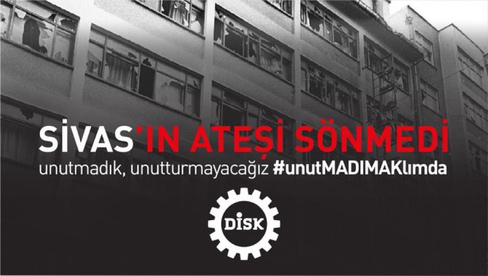 diskinsesi's tweet photo. 2 Temmuz 1993'te Sivas Madımak Oteli'nin yakılmasıyla katledilen canlarımızı; aydınları, sanatçıları, gençleri ve otel emekçilerini unutmadık, unutmayacağız.

Madımak Katliamı, farklı kimlikleri ve inançları birbirine düşman etmeye çalışan karanlık zihniyetin insanlığa karşı işlediği en ağır suçlardan biridir.
Aradan geçen on yıllara rağmen adalet tam anlamıyla sağlanmadı. Cezasızlık politikaları ve aflar, acıları hafifletmek yerine daha da derinleştirdi. Hesap sorulmadıkça ve gerçek adalet sağlanmadıkça Madımak'ın ateşi yanmaya devam ediyor.

DİSK olarak; emekçileri inancına, kimliğine, yaşam tarzına göre ayrıştırmaya çalışan her anlayışın karşısında; eşit yurttaşlığın, laik Cumhuriyetin, demokrasinin, barışın ve kardeşliğin yanında olmaya devam edeceğiz.
Madımak'ı unutmayacağız.
Unutturmayacağız.

 #UnutMADIMAKlımda