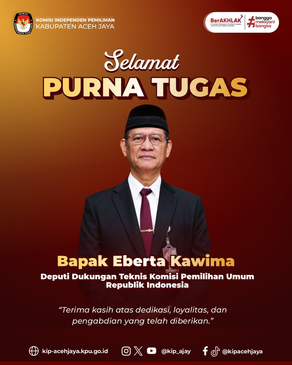 kip_ajay's tweet photo. #TemanPemilih, seluruh jajaran KIP Kabupaten Aceh Jaya mengucapkan Selamat purna tugas kepada Bapak Eberta Kawima, Deputi Dukungan Teknis Komisi Pemilihan Umum.

#KPUMelayani #KIPAceh #KIPAcehJaya https://t.co/AYWIsIkk6i