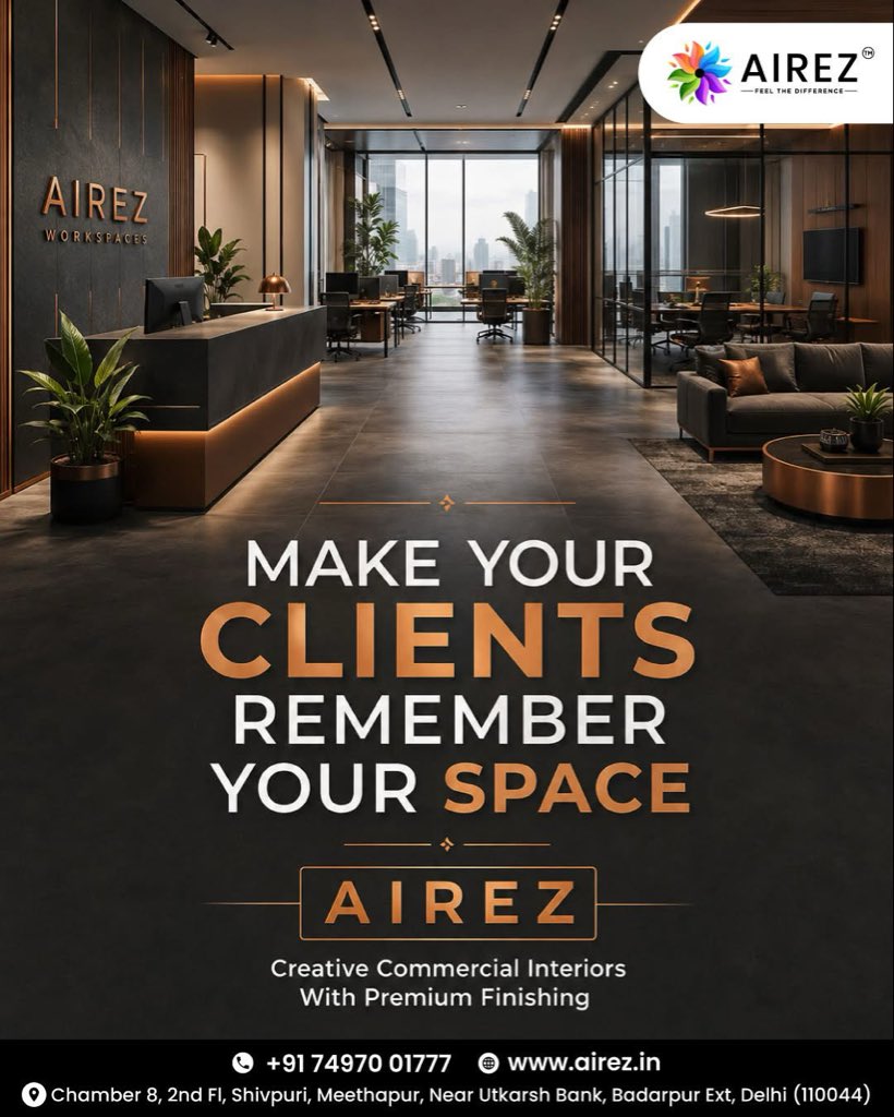 airezin's tweet photo. Your workspace is more than just an office—it's the first impression your clients remember. At AIREZ, we design commercial interiors that combine modern aesthetics, smart layouts, and premium finishes to create spaces that inspire confidence, productivity, and lasting impact.

Whether it's a corporate office, reception area, meeting room, or collaborative workspace, our customized designs reflect your brand while ensuring maximum functionality.

Why Choose AIREZ?
✔ Premium Commercial Interior Design
✔ Modern & Functional Office Layouts
✔ Elegant Reception & Meeting Spaces
✔ High-Quality Finishes & Materials
✔ End-to-End Design & Execution

📞 Call: +91 74970 01777
🌐 Visit: https://t.co/m2NRumUJ3V
📍 Chamber 8, 2nd Floor, Shivpuri, Meethapur, Near Utkarsh Bank, Badarpur Ext., Delhi – 110044

AIREZ – Creating workspaces that leave a lasting impression.

#AIREZ #CommercialInteriors #OfficeDesign #WorkspaceDesign #ModernOffice #CorporateInteriors #OfficeInspiration #InteriorDesign #BusinessSpaces #PremiumInteriors #DelhiInteriors #FeelTheDifference