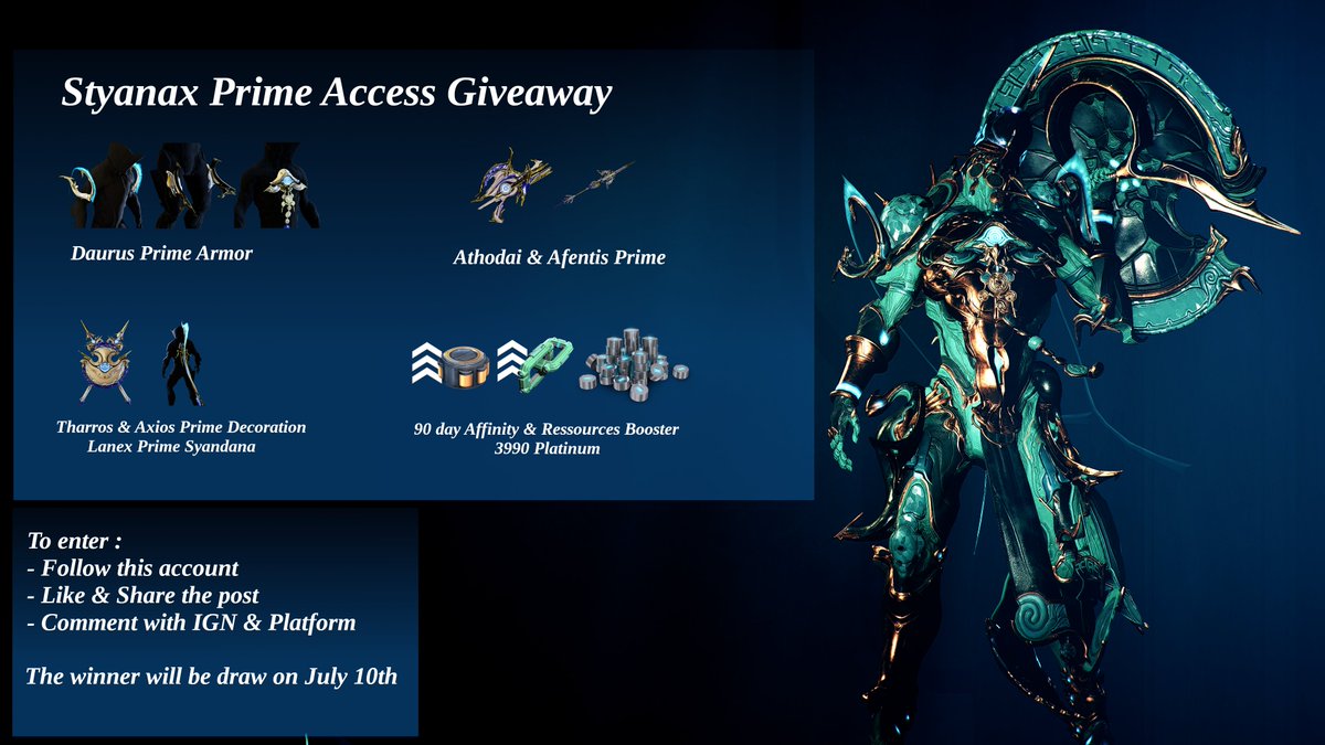 Teotiqax's tweet photo. It's time to open the #Styanax Prime Access #Giveway !

Thanks to @PlayWarframe  for this opportunities 💙

To enter
- Follow, like and share this post
- Comment with your IGN and platform

You can enter here and on 🦋sky, the winner will be draw on July 10th !
#Warframe https://t.co/npbMBBPyNL