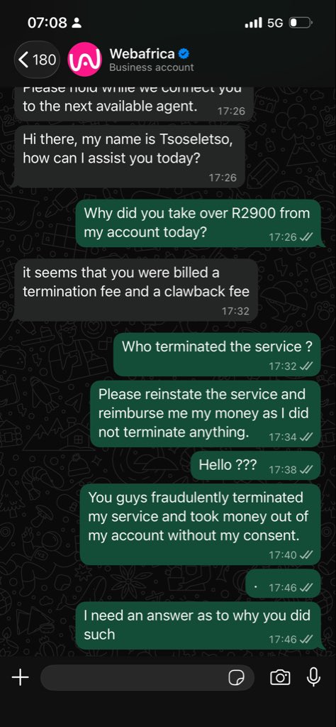 easy_kamo's tweet photo. @webafrica decided to bill me just over R2900 this month and then continue to tell me it’s a termination fee and claw back fee.
I simply asked who terminated the service and it’s been crickets ever since. https://t.co/vB0GI0QqA7