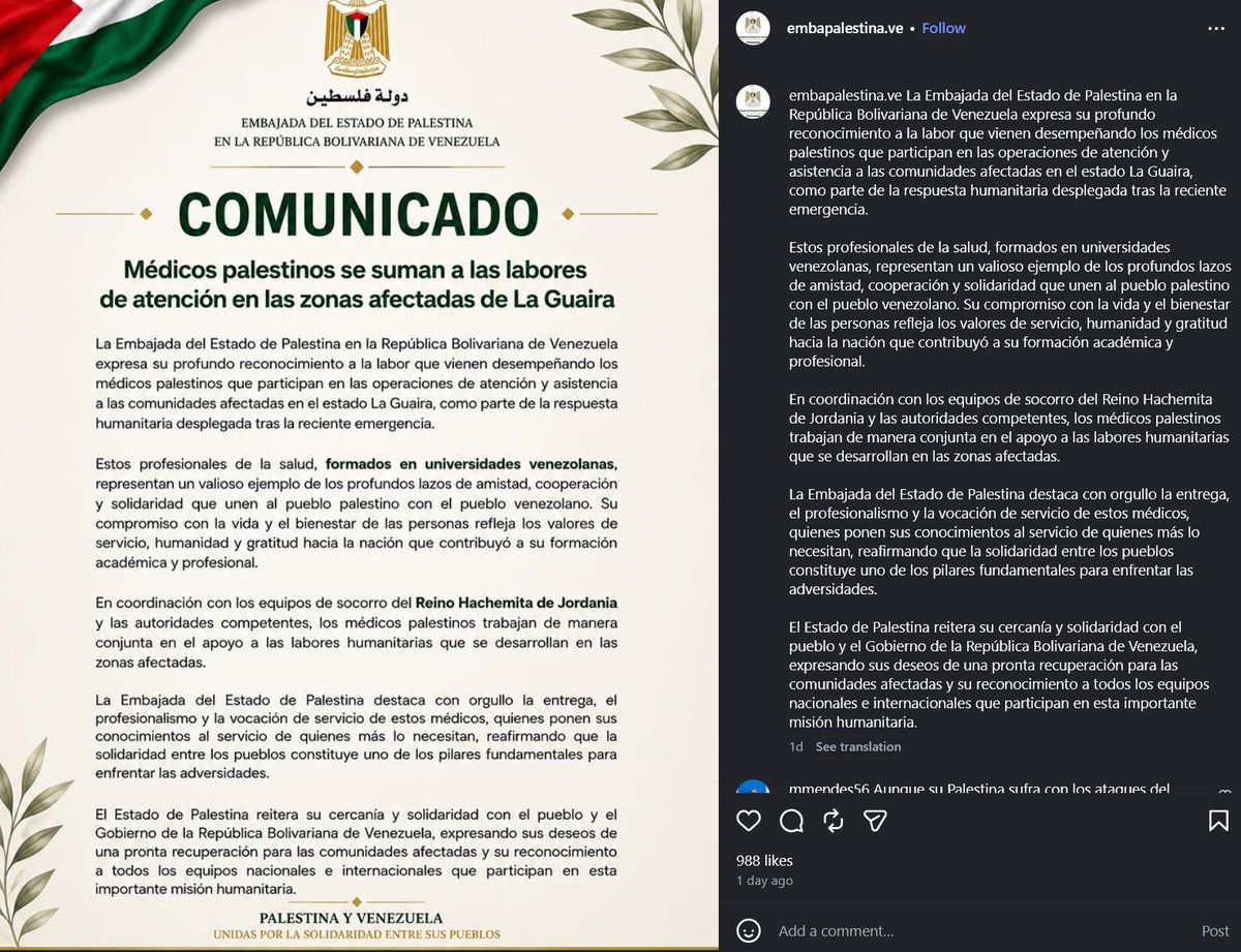 spikermonster's tweet photo. la embajada de palestina mostrando un nivel de solidaridad inmenso hacia los venezolanos, en especial considerando todas las tragedias que han tenido y siguen teniendo que soportar ellos 🇵🇸❤️‍🩹🇻🇪 aprendan de empatía y solidaridad de ellos https://t.co/qZ6x4V0TOz