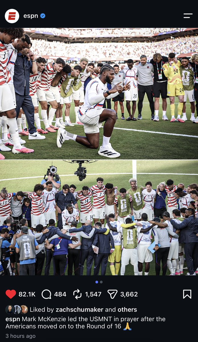 JonnyRoot_'s tweet photo. After I called out ESPN for promoting Islamic prayer &amp; refusing to promote USMNT praying to the one true God after every match, they posted this after the 2-0 win vs Bosnia. 

Thanks for listening, @espn https://t.co/yQJFXXsXkl