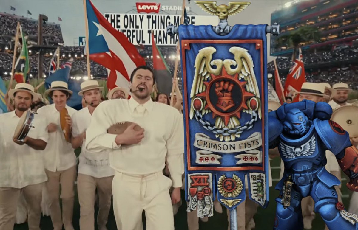 AspirantLen's tweet photo. Nah, because I remember the Crimson Fist were there with Bad Bunny and the rest of Latin America at the Super Bowl half time show and Spain wasn’t. Sorry! https://t.co/GPXXxl0T9V