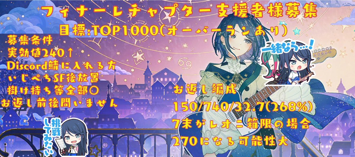 tissue_pika's tweet photo. (更新多めのため再投稿)
みのりバナー中鯖宣伝失礼します🙇
9月末のフィナーレチャプターをTOP1000目指して走ります！
WL3は全て〆、通常イベは〆なし
もし手伝っていただける方がいらっしゃいましたらリプをください！
よろしくお願いいたします！
#プロセカ支援者様募集 
#プロセカ支援 https://t.co/KwarXQa7MP