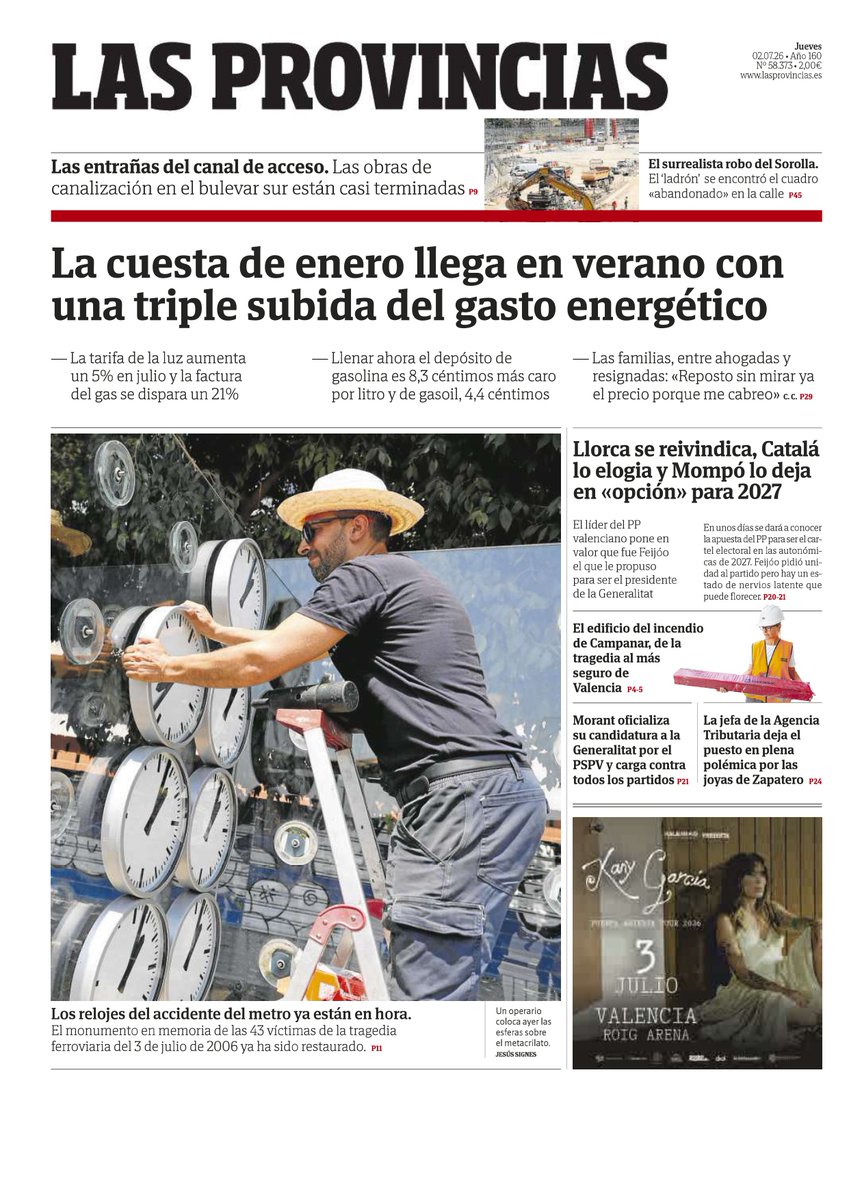 lasprovincias's tweet photo. ¡Buenos días! Esta es nuestra #PortadaLP de hoy, jueves 2 de julio. La cuesta de enero llega en verano con una triple subida de gasto energético y los relojes del accidente del metro ya están en hora, temas del día. Toda la información en https://t.co/RaeYdMuqAG https://t.co/5iH65Xgku6
