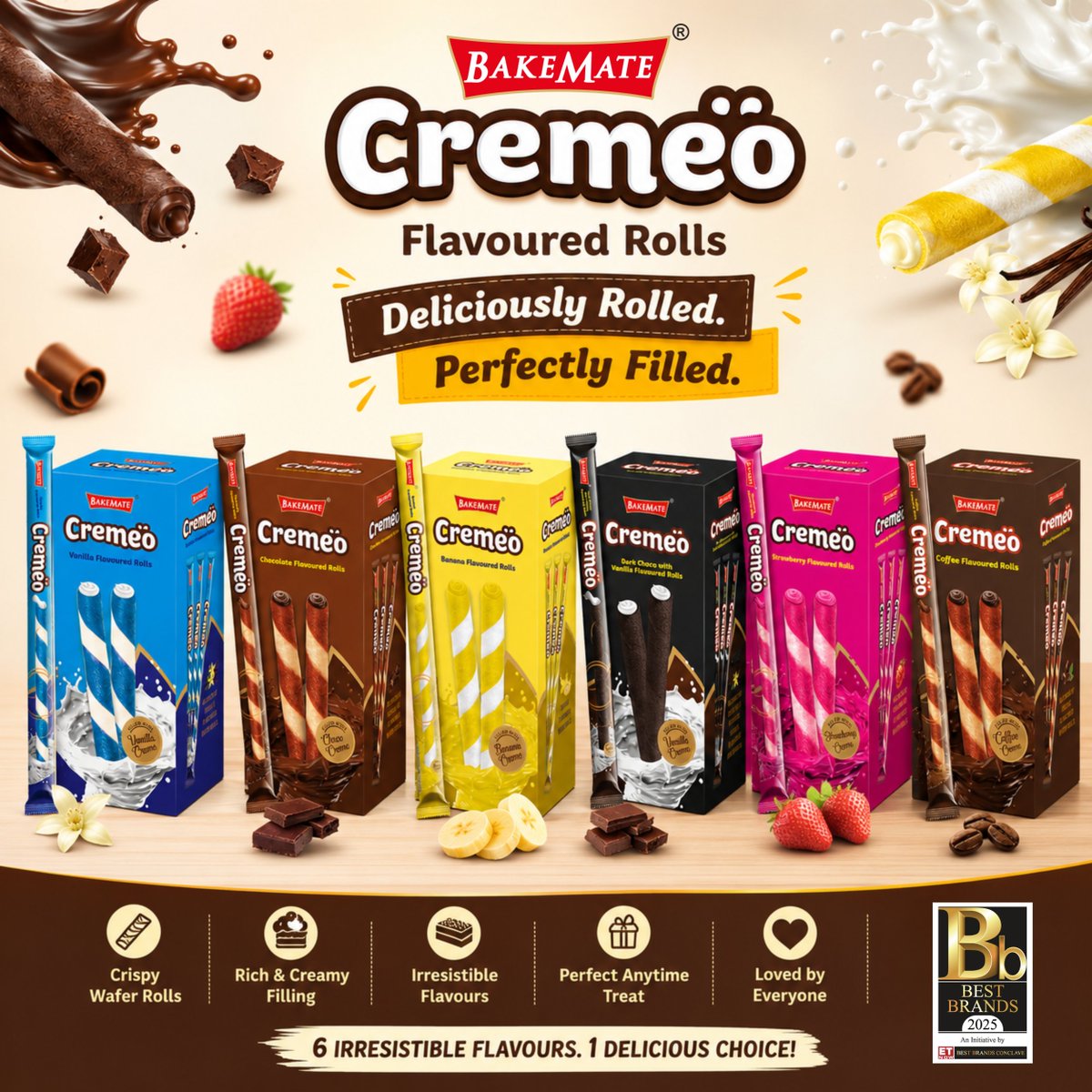 bakemateglobal's tweet photo. Roll Into Creamy Happiness! @bakemateglobal 
Light, crunchy wafer rolls crafted to perfection with a smooth cream filling you'll love.

For More Details: https://t.co/k15ukbzeNG
E-mail: enquiry@bakemate.in
Contacts: 7060002542

#CremeoRolls #WaferRolls #BakeMate #CrunchyTreat https://t.co/4CA2nfXLOK