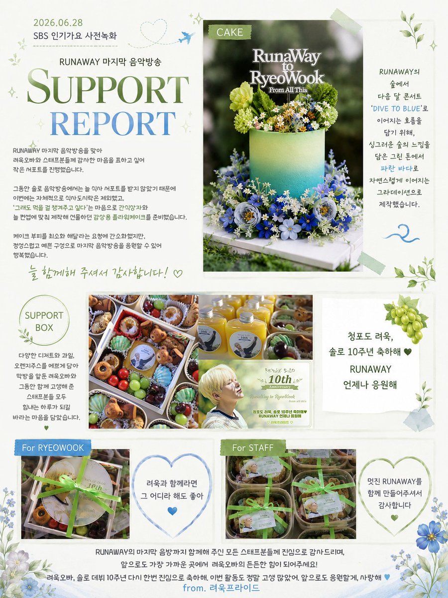 Pride_RYEOWOOK's tweet photo. 𝑹𝒖𝒏𝒂𝑾𝒂𝒚 𝑺𝑼𝑷𝑷𝑶𝑹𝑻 𝑷𝑹𝑶𝑱𝑬𝑪𝑻

이번엔 연합이 아니라 혼자 준비한 서포트라 끝까지 조마조마했는데, 무사히 잘 전달되어 다행이었어요.

솔로 10주년을 맞아 하게 된 RUNAWAY 활동 정말 고생 많았어.
앞으로의 모든 계절도 함께할게. 🌿🌊💛

#려욱 #RYEOWOOK
#リョウク #厉旭
#슈퍼주니어 #SUPERJUNIOR