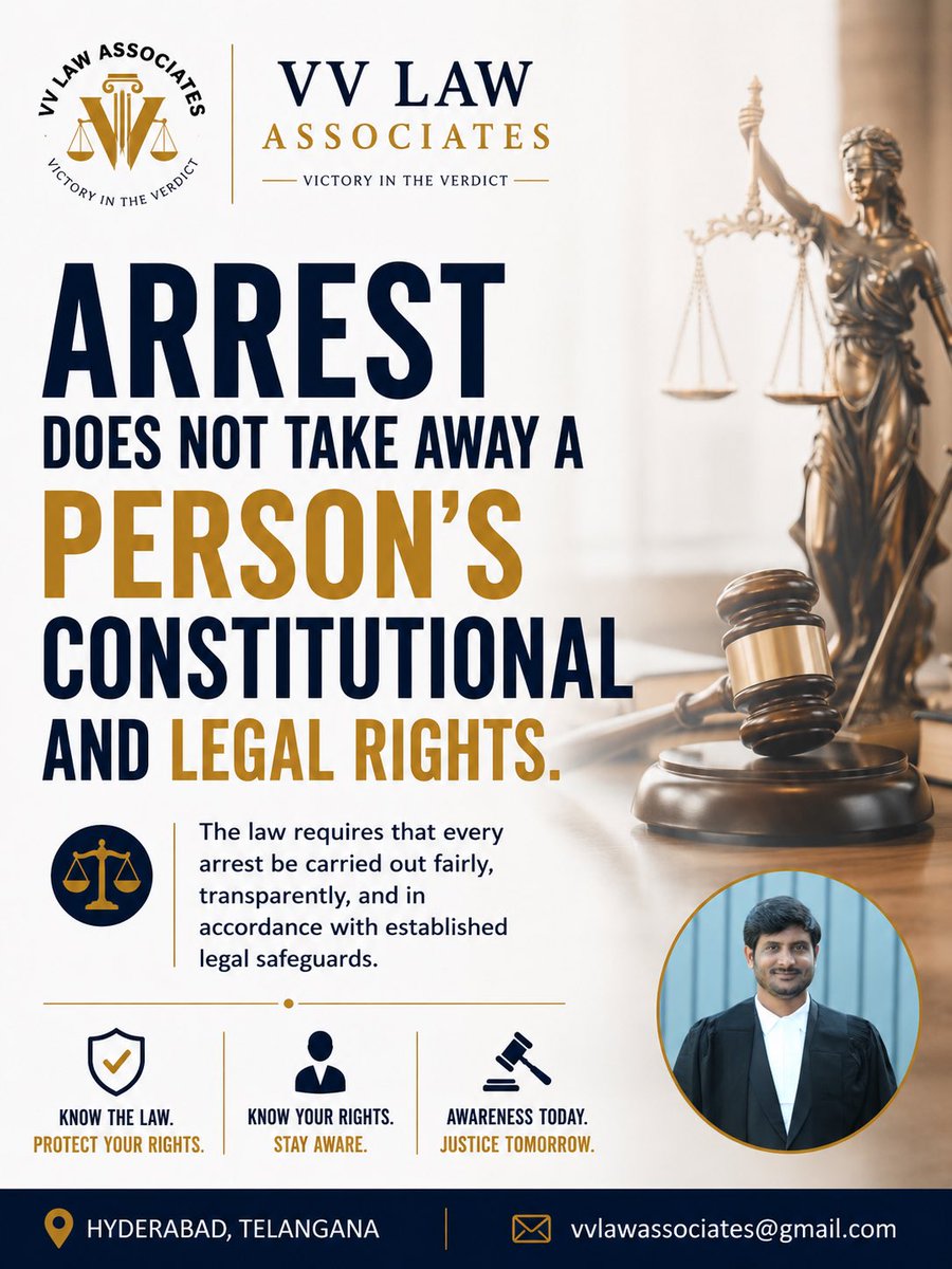 VijjithVarma's tweet photo. Arrest does not take away a person's constitutional and legal rights. The law requires that every arrest be carried out fairly, transparently, and in accordance with established legal safeguards.

#LegalAwareness #CriminalLaw #KnowYourRights #Advocate #IndianLaw https://t.co/omCvvn3Giv