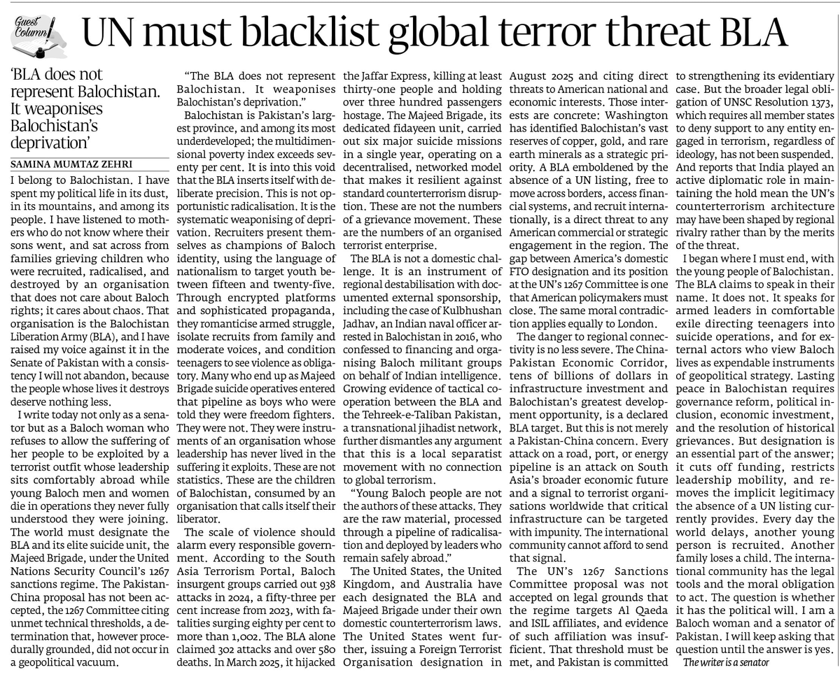 zareenbaloch380's tweet photo. Despite clear evidence, the BLA avoids UNSC 1267 designation. It’s time for the international community to cut off their funding and mobility. We must protect Baloch youth from this exploitation. #UNSC #GlobalSecurity #Justice
https://t.co/VbHPGsoVON https://t.co/N3fqgSkeEF