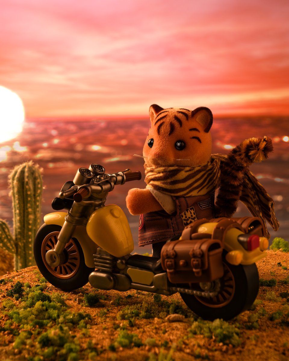 SylvanianJP's tweet photo. 「ふぅ…ひと休みするか…」

トラのマイルズは、自慢のバイクで冒険中🏍

「うわぁ…すごくいい景色だ…！」

たまたまひと休みしたところで、いい景色の場所を見つけました✨
きれいな景色を見て、とっても感動しているみたいですね♪

#シルバニアファミリー #シルバニア
#バイク #冒険 #景色 https://t.co/S6WVKo90CB