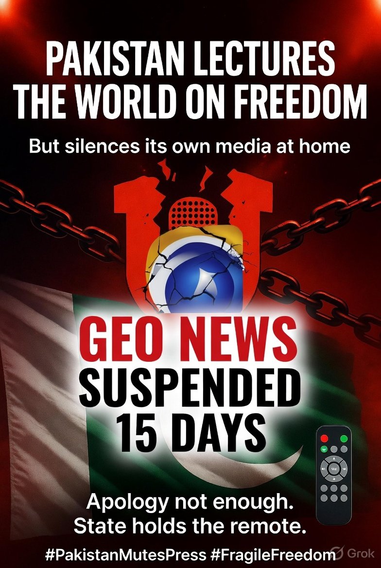 SWhisper09's tweet photo. Pakistan lectures the world on freedom, democracy &amp; rights… but mutes its own media at home. 

Geo News suspended for 15 days by PEMRA — even after apology &amp; removing the content. 

One broadcast = state punishment. 

This is Pakistan’s “press freedom”. 

#PakistanMutesPress https://t.co/ECKb9kjl3o