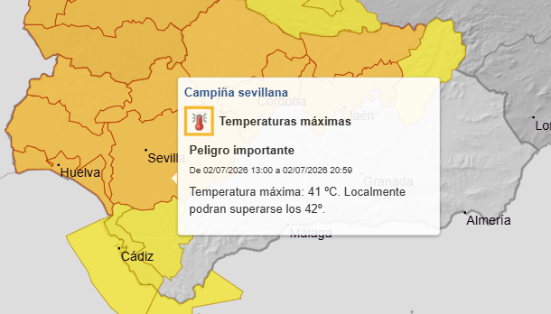 E112Andalucia's tweet photo. #BuenosDías 🌡️Hoy nos espera otra calurosa jornada en #Andalucía donde hasta cuatro provincias #Huelva #Sevilla #Córdoba y #Jaén tienen aviso naranja por temperaturas máximas que podrán superar los 42 grados en algunos puntos.

¡Protégete! https://t.co/8nYdWiO7dx