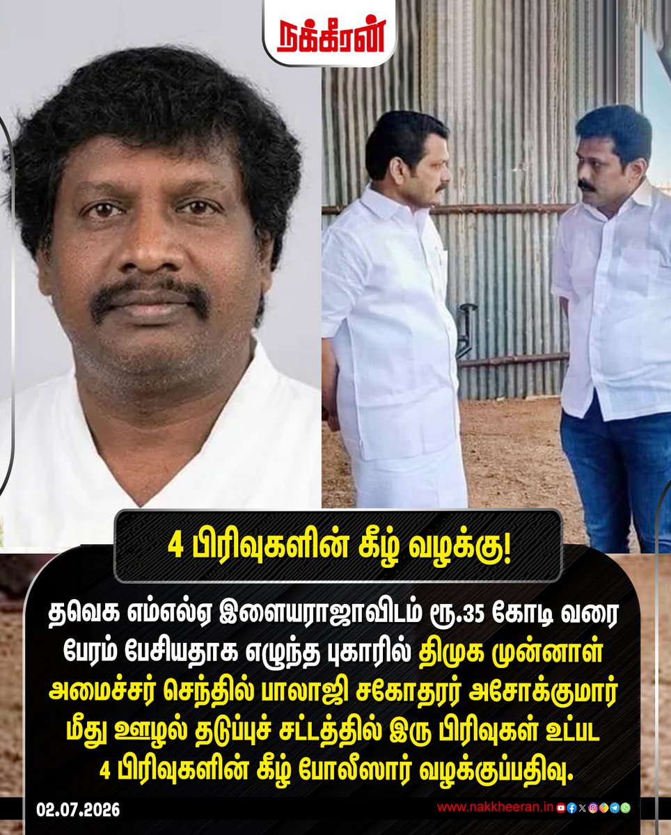 nakkheeranweb's tweet photo. திமுக முன்னாள் அமைச்சர் செந்தில் பாலாஜி சகோதரர் அசோக்குமார் மீது 4 பிரிவுகளின் கீழ் போலீஸார் வழக்குப்பதிவு!

#DMK | #MKStalin | #TVK | #SenthiBalaji | #TamilnaduNews | #Nakkheeran https://t.co/2b4fS4Ar3K