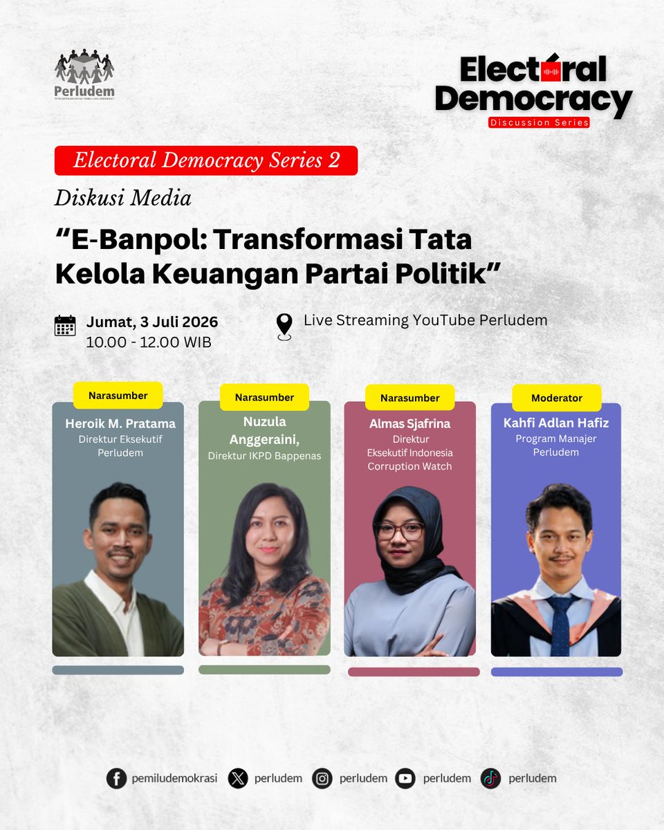 perludem's tweet photo. [Electoral Democracy Series 2]
Bagaimana memastikan pendanaan partai politik dikelola secara terbuka dan dapat dipertanggungjawabkan?

Untuk menjawab pertanyaan tersebut Perludem menyelenggarakan Diskusi Media Online yang akan membahas pentingnya reformasi tata kelola Banpol, https://t.co/C2hZ0MwOJo
