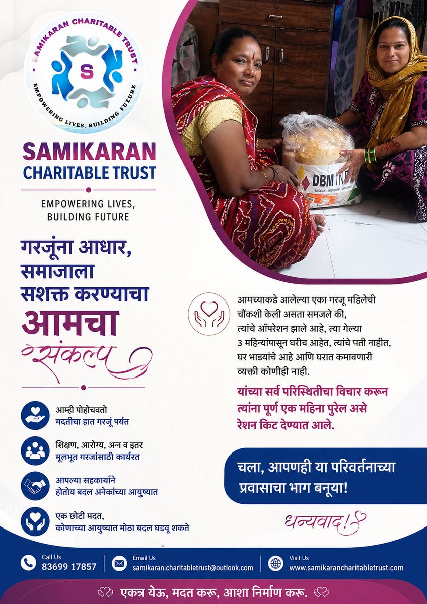 SamikaranNGO's tweet photo. 🙏 समिकरण चॅरिटेबल ट्रस्टतर्फे मदतीचा हात 🙏

काही दिवसांपूर्वी आमच्याकडे एका गरजू महिलेबाबत inquiry आली होती. संबंधित महिलेचे ऑपरेशन झाले असून त्या गेल्या ३ महिन्यांपासून घरीच आहेत.

त्यांचे पती देखील नाहीत, घर भाड्याचे आहे आणि घरात कमावणारी व्यक्ती सध्या कोणीही नाही. https://t.co/yU5WNO2L5m