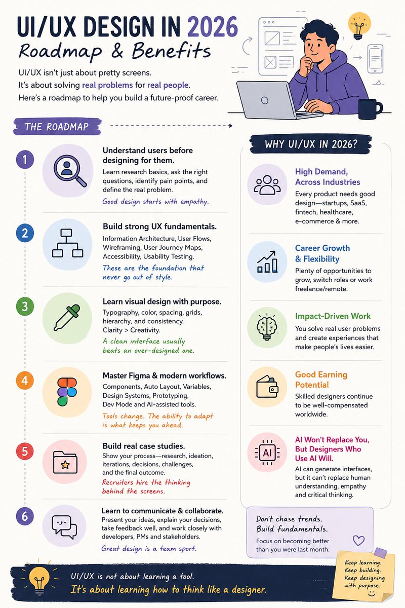 UpscaleUIUX's tweet photo. 🎯 UI/UX Design Roadmap 2026: Skills to Learn &amp; Career Benefits

#UIUX #UXDesign #UIDesign #ProductDesign #UserExperience #UserInterface #Figma #DesignSystems #UXResearch #Accessibility #InteractionDesign #VisualDesign #DesignThinking #AI https://t.co/aSR0nDx4tB