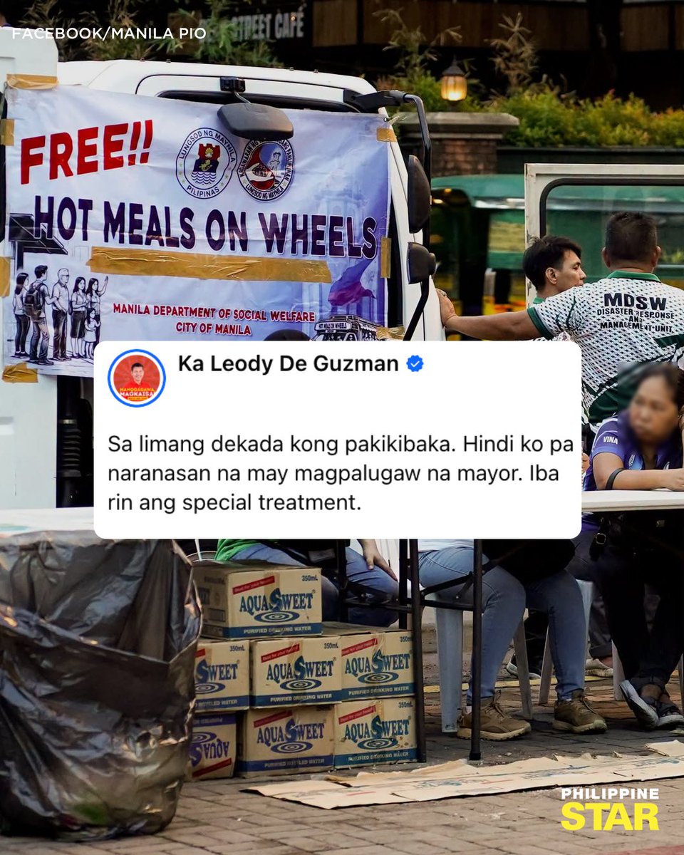 PhilippineStar's tweet photo. 'IBA RIN ANG SPECIAL TREATMENT'

Labor leader Ka Leody de Guzman took a swipe at the Local Government of Manila after the Manila Department of Social Welfare offered hot meals and on-ground assistance at Liwasang Bonifacio, where members of the Iglesia ni Cristo (INC) are holding a rally on Thursday.

“Sa limang dekada kong pakikibaka, di ko pa naranasan na may magpalugaw na mayor. Iba rin ang special treatment,” he said, noting the unusual level of support extended at the site.

The Manila local government earlier deployed food assistance, sanitation teams, and emergency response units through its social welfare, environment, and disaster risk reduction offices to ensure order and address the needs of those attending the gathering. (Facebook/Ka Leody De Guzman)