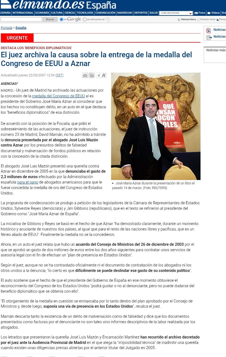 Emilio_Silva_'s tweet photo. José María Aznar sabe bien lo que significa saquear el Estado. Robó 2 millones de dinero público para conseguir una medalla del Congreso de Estados Unidos. Pero la Fiscalía consideró que la medalla sería de interés general para los españoles y así se archivó la causa. https://t.co/zEBw23PwVf