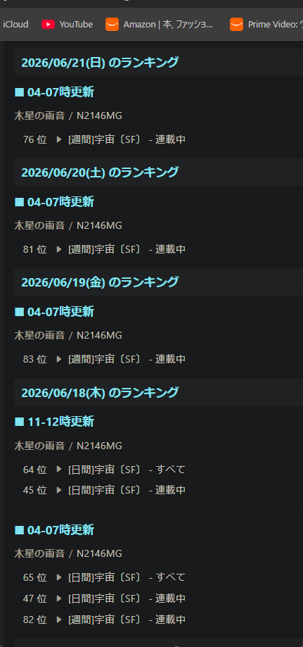 pochidayo's tweet photo. ハートなハードSF「木星の雨音」公開中！ https://t.co/ynNaoYGLT9 #narou #narouN2146MG 

ちょくちょくランクインしてる！
週間にもランクインしてる日ある！
自分で読んでも面白い作品なのでみんな読んでね！
できれば感想も…（１件も無い）
お気に入りにも…

#小説家になろう https://t.co/ler2HSbzOR