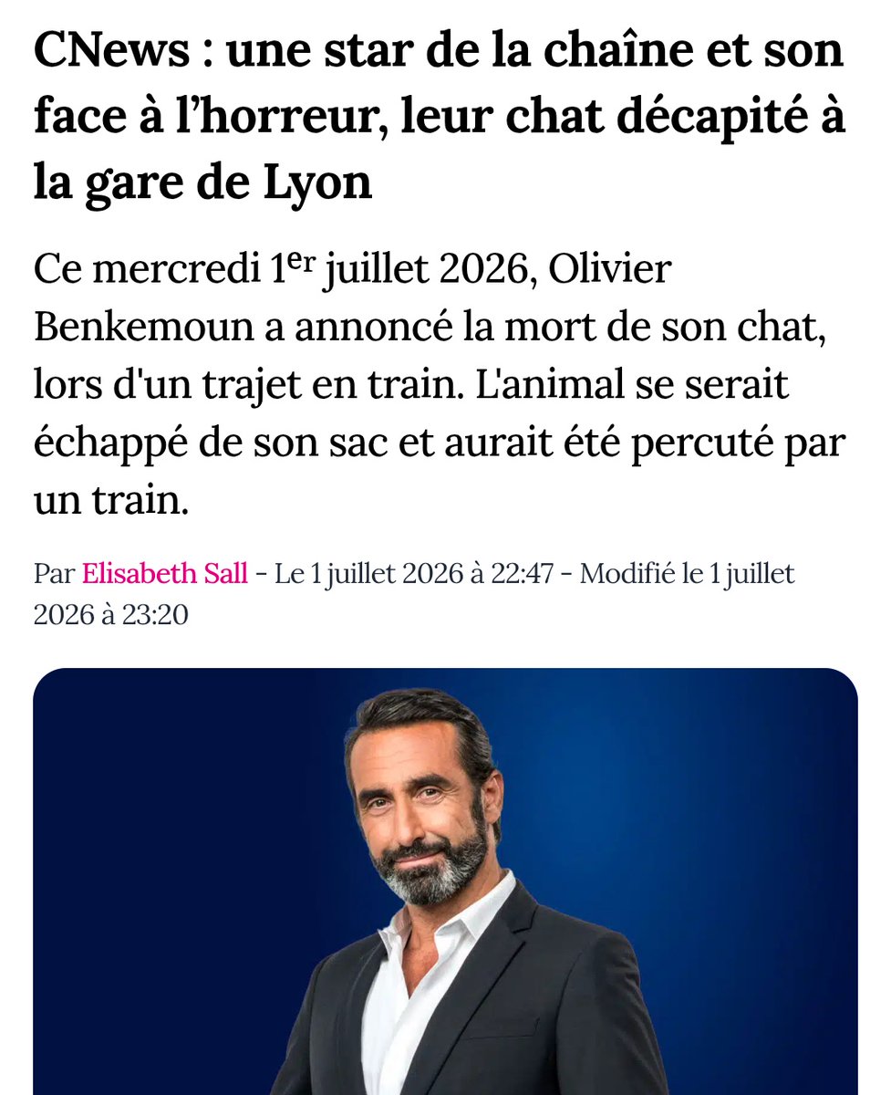 p_duval's tweet photo. Hier gare de lyon Olivier Benkemoun laisse échapper son chat qu'il transportait dans un simple sac et pas dans une boîte adaptée.
La SNCF arrête le trafic. On mobilise une vingtaine d'agents et les forces de l'ordre pour retrouver le chat.
Impossible de se glisser sous un TGV, il est décidé de faire deplacer le train a 5km/h avec l'espoir que  le chat ne bouge pas. Malheureusement le chat est tué. On rearrete le train pour récupérer la pauvre bête.
Pour tous les possesseurs d'animaux de compagnie c'est extrêmement triste et je comprends sa peine.
Évidemment CNews et Frontière en font des caisses. Il fallait arrêter le trafic plusieurs heures si nécessaire. Pas grave pour les 550 000 usagers quotidiens de la gare.

Cela ne les empêchera pas dans quelques jours de faire du SNCF bashing si leur train est en retard.

Faites attention à vos animaux. Une gare c'est extrêmement stressant pour un chat. Utilisez une caisse adaptée et surtout pas un simple sac.