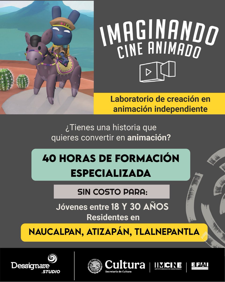 Dessignare's tweet photo. 🚨 Convocatoria abierta.

Aprende a crear animación independiente en un laboratorio gratuito. 

Estado de México.

🕚 Sábados y domingos | 11:00 a.m. a 3:00 p.m.
🎟️ Sin costo gracias al estímulo EFAI
👥 Cupo limitado: 12 participantes 
18 a 30 años

https://t.co/T21XSRRC51 https://t.co/7Q1t0ws0i7