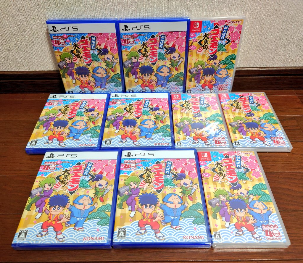 cogiyade's tweet photo. 今日の購入品その1は、『がんばれゴエモン大集合！』のPS5版×6とNintendo Switch版×4です。
ファミコンやスーファミなどの「がんばれゴエモン」シリーズ13タイトルが収録されたコレクションソフトです🤗
このソフトのために状態の良い攻略本を買い集めましたが、正直、そちらの方が高くつきました😅 https://t.co/vB6wCgx4G1