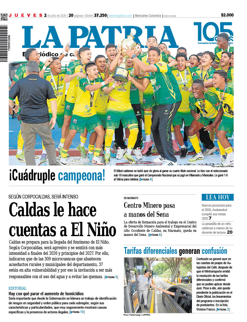lapatriacom's tweet photo. #PortadaLP
Cuádruple campeona, Caldas le hace cuentas a El Niño, Centro Minero pasa a manos del Sena, Tarifas diferenciales generan confusión y más.
https://t.co/7yaCl9Qg5k https://t.co/QRDtz2mlHs