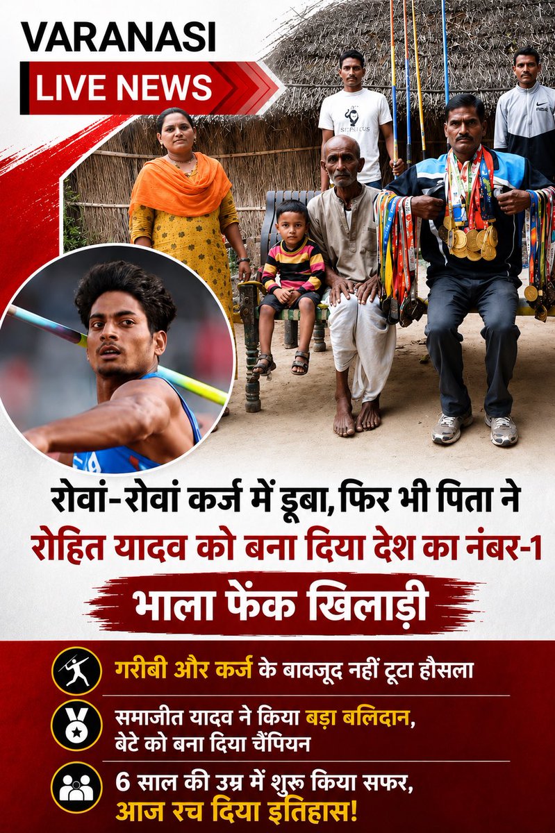 varanasilive247's tweet photo. महज 6 साल की उम्र में शुरू किया सफर, और आज रोहित यादव देश के नंबर-1 भाला फेंक खिलाड़ी बन गए। यह कहानी बताती है कि सपने बड़े हों तो मुश्किलें भी छोटी पड़ जाती हैं। 
#RohitYadav #JavelinThrow #InspiringStory #IndianAthletics #NationalNo1 #SuccessStory #SportsNews #VaranasiLive https://t.co/9PLoMnGaMG