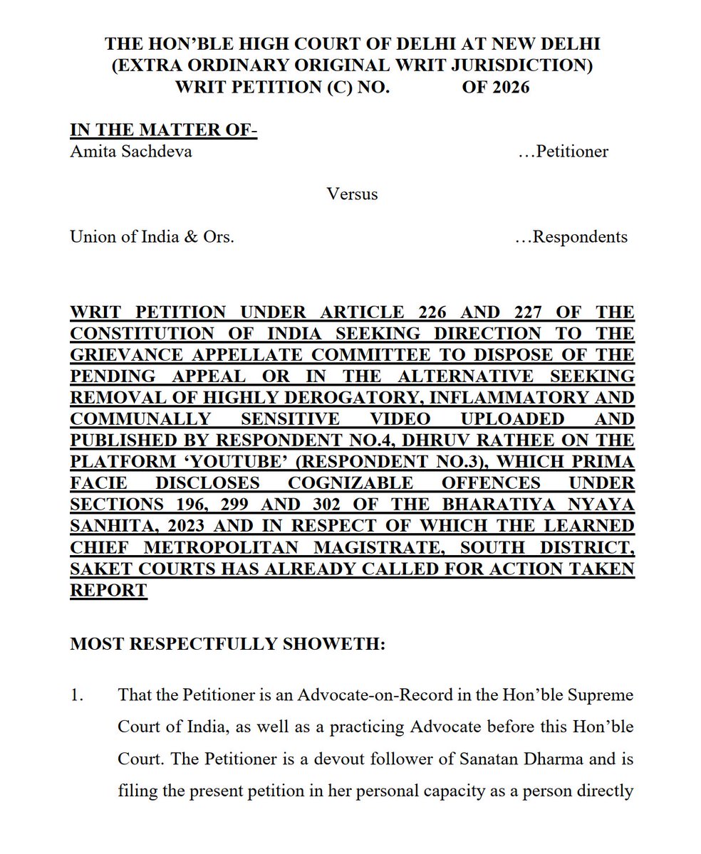 SachdevaAmita's tweet photo. 🚨 Update: Along with the criminal complaint filed against Dhruv Rathee for his defamatory video targeting Bhagwan Shri Ram, Seeta Mata and Bhagwan Shri Krishna, we have pursued civil remedies.

A Writ Petition seeking directions to GAC to decide the appeal or removal of the offensive video has been approved, registered, and will now be listed before the Hon'ble High Court tomorrow.

Additionally, the Ld. Magistrate has also directed the concerned SHO to file Action Taken Report on our complaint against Dhruv Rathee for 10.09.2026.

Until now, Bhagwan Shri Krishna has been doing everything, and He will continue to do so in the future as well. 🙏 

#DefendDignity #StandForIndia #RespectFaith