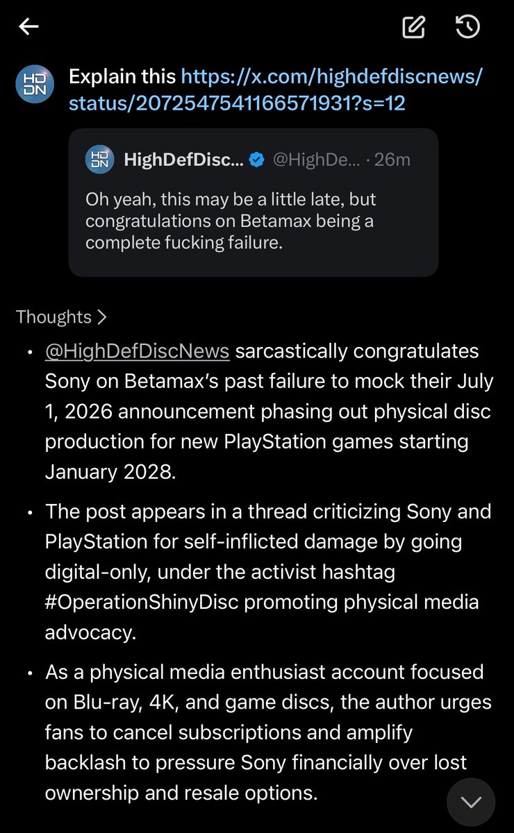 HighDefDiscNews's tweet photo. Thanks, Grok. 😂
#OperationShinyDisc is even a go and relevant to AI. https://t.co/wPipLuEMkW