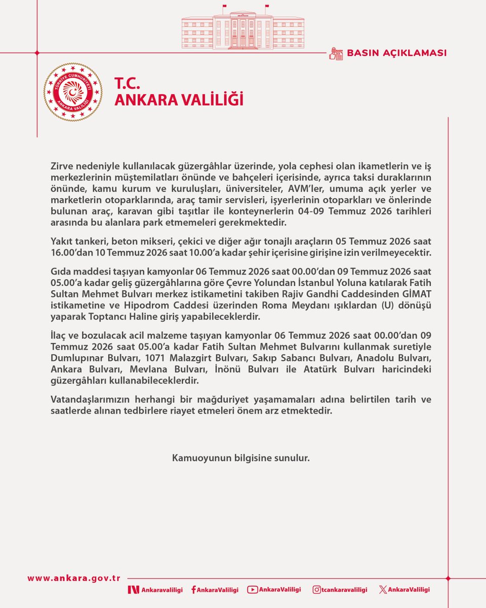 AnkaraValiligi's tweet photo. BASIN AÇIKLAMASI

36. NATO DEVLET VE HÜKÜMET BAŞKANLARI ZİRVESİ KAPSAMINDA YAPILAN DÜZENLEMELER VE UYGULANACAK TEDBİRLER
⬇️

https://t.co/FNsNBdinxR https://t.co/sq7YuOvVYW