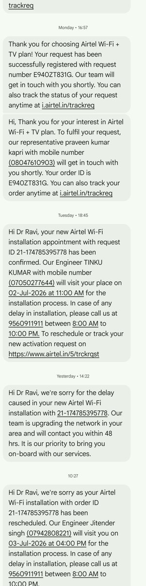 ravisunlight's tweet photo. @airtelindia @Airtel_Presence @airtelnews @airtelnews worst service for a new connection of wifi...promise of delivery in 4 hours and its four days and no connection till now...the agent Mr Praveen with mobile no 7292931401 does not pick call after getting payment. worst service https://t.co/kqDAD8AdKc