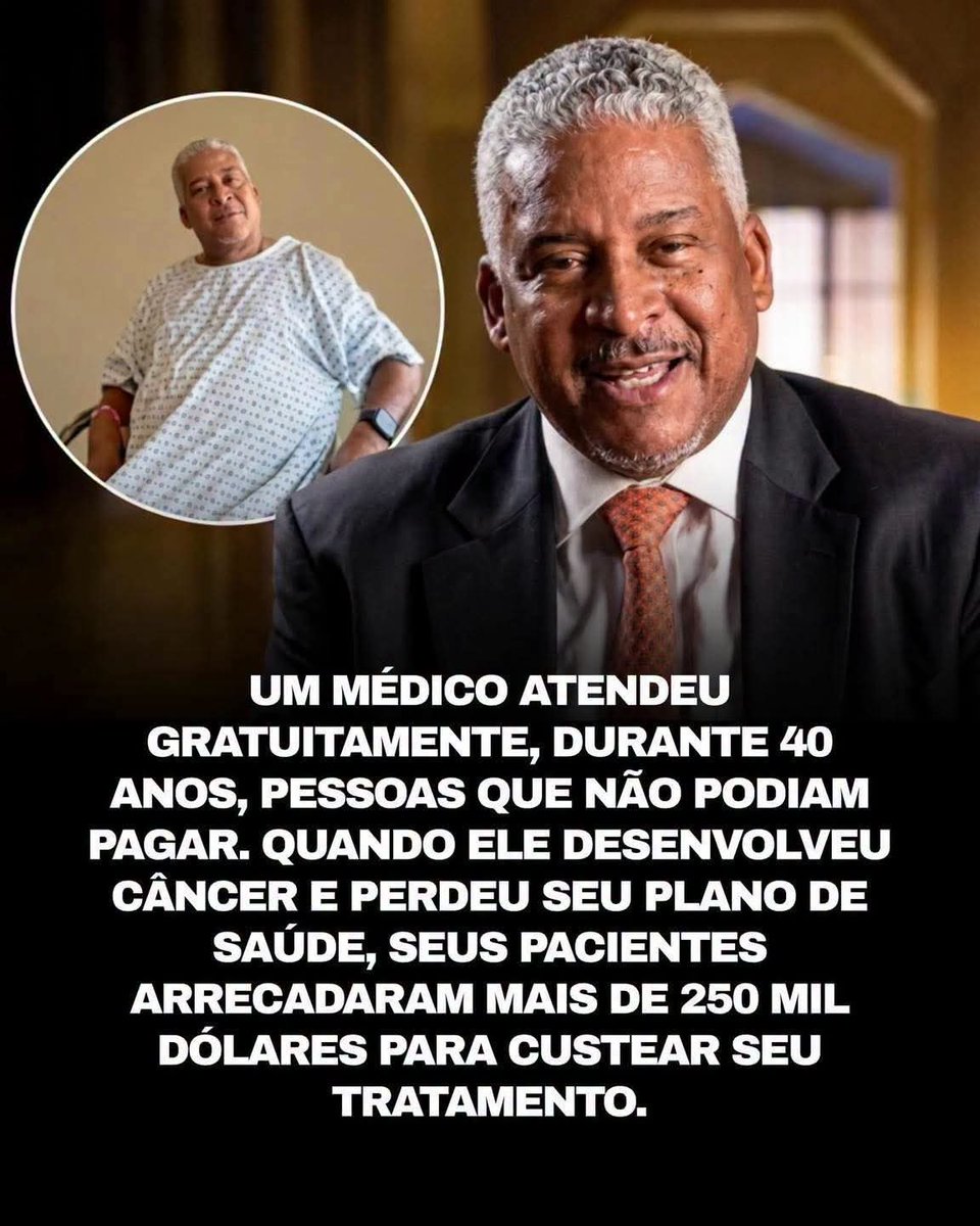 Lordnewsbrasil's tweet photo. Durante quase 40 anos, ele cuidou da saúde de milhares de pessoas sem perguntar quanto elas poderiam pagar.

Se alguém precisava de atendimento e não tinha dinheiro, ele atendia mesmo assim. Se o telefone tocava durante a madrugada, em um feriado ou no fim de semana, ele atendia. Para seus pacientes, o Dr. Michael Zollicoffer, conhecido carinhosamente como "Dr. Z", nunca foi apenas um médico. Era alguém que sempre colocava as pessoas em primeiro lugar.

Foi assim que ele dedicou grande parte da vida à comunidade de Baltimore, nos Estados Unidos, criando uma relação de confiança que ia muito além do consultório.

Mas, um dia, os papéis se inverteram.

O médico que passou décadas cuidando dos outros recebeu o diagnóstico de câncer renal e colorretal. E, ironicamente, começou a enfrentar dificuldades para pagar o próprio tratamento.

Quando a notícia se espalhou, aconteceu algo que ninguém esperava.

Os mesmos pacientes que haviam sido acolhidos por ele ao longo dos anos decidiram retribuir toda a generosidade recebida. Uma campanha solidária mobilizou centenas de pessoas e arrecadou mais de 250 mil dólares. As doações vieram não apenas de Baltimore, mas também de outros lugares, incluindo Porto Rico e até países da África.

Graças ao tratamento, o Dr. Z segue em recuperação e, atualmente, não apresenta sinais de metástase.

Ao olhar para tudo o que viveu, ele resumiu a experiência em uma frase que emocionou muita gente: "Sou grato por ter tido câncer, porque isso me mostrou a força do amor coletivo. Não existe apenas o 'eu'. Existe o 'nós'."

Histórias como essa lembram que nenhum gesto de bondade é perdido. Às vezes, o bem que fazemos leva anos para voltar, mas quando retorna, pode chegar exatamente no momento em que mais precisamos.

Você acredita que toda boa ação, de alguma forma, acaba encontrando o caminho de volta para quem a praticou?
