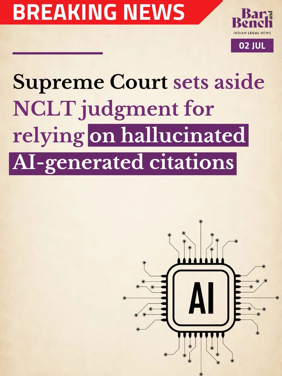 barandbench's tweet photo. #BreakingNews
Supreme Court sets aside NCLT judgment for relying on hallucinated AI-generated citations

Read here: https://t.co/ieJ86DENdk https://t.co/PsydtyzEyL