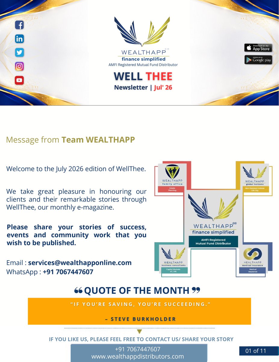 WealthappD's tweet photo. Our monthly e-newsletter, WellThee (You Stay Well) for the month of July 2026 is published. We are glad to share it with you.

Registered Name-Wealthapp Distributors Pvt Ltd
AMFI Registration Number-ARN-85592

#wealthapp #FinanceSimplified #wellthee #july #bhfyp https://t.co/RDPY4DglCC