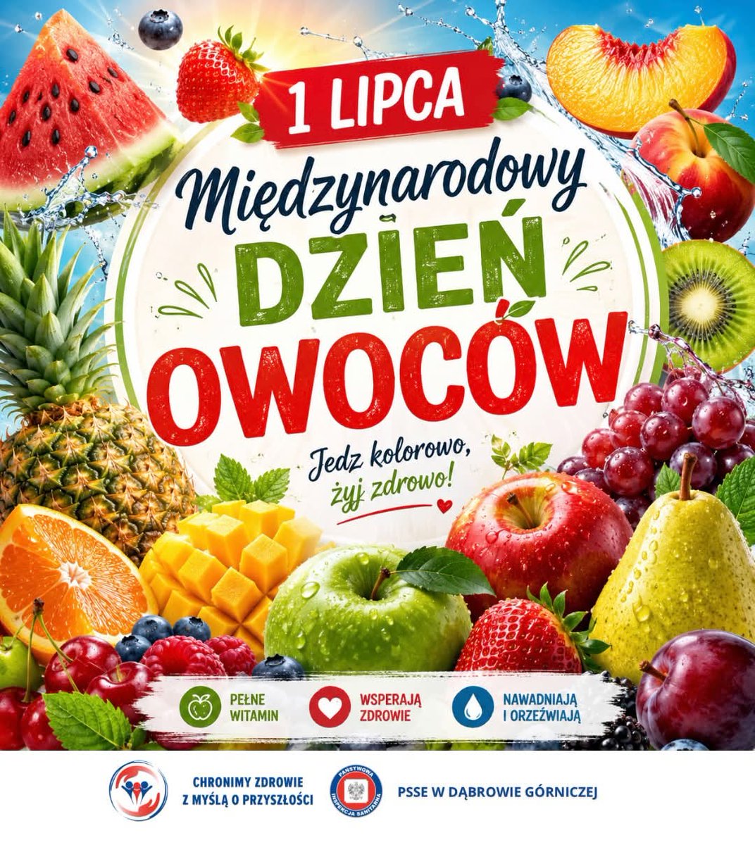 PSSEDabrowaG's tweet photo. 🍉☀️ 1 lipca obchodzimy Międzynarodowy Dzień Owoców! 🍓🍑
W czasie upałów warto sięgać po świeże owoce – są nie tylko smaczne, ale również pomagają uzupełniać wodę oraz dostarczają cennych witamin i składników mineralnych. 💧

#MiędzynarodowyDzieńOwoców #BezpiecznaŻywność  #LAS https://t.co/bsiMSOk6b7