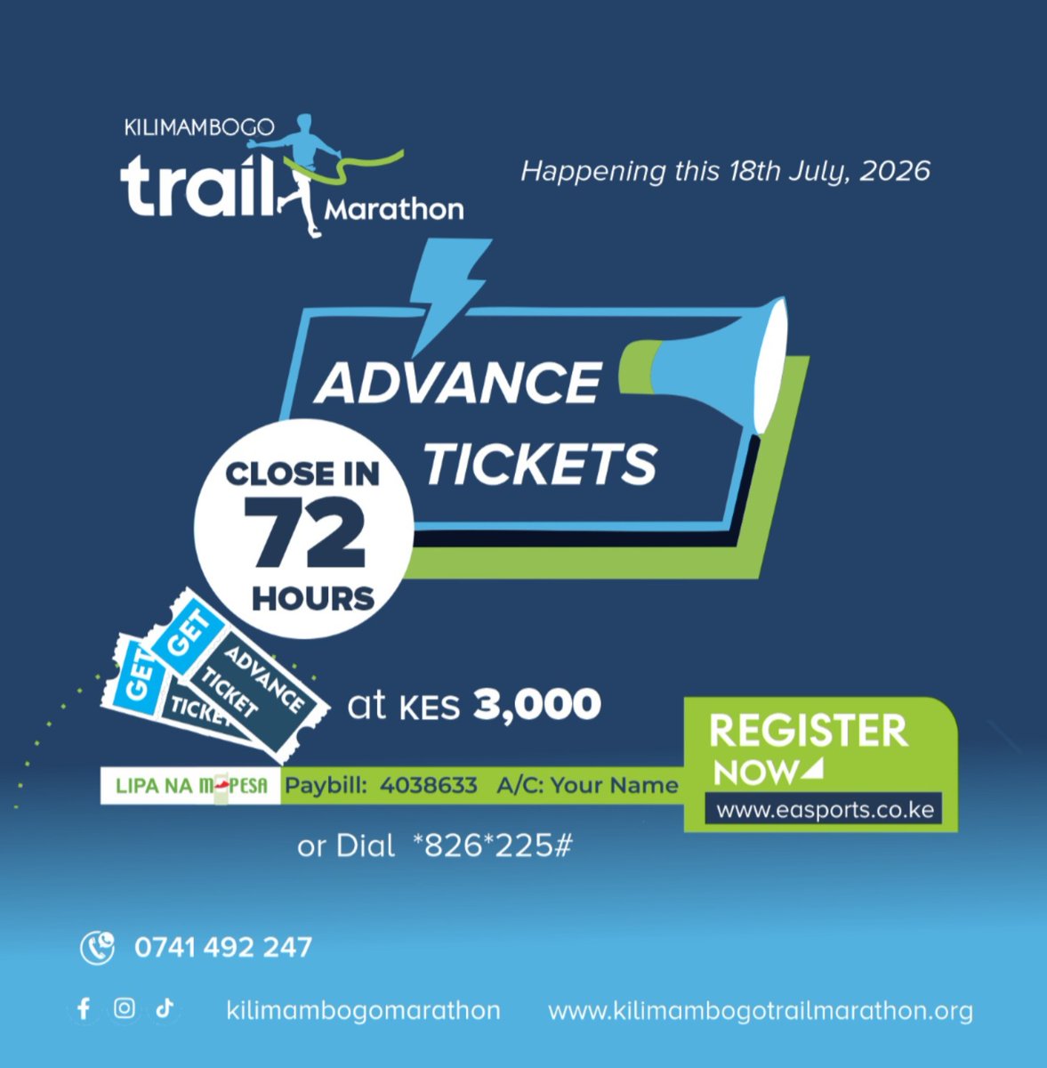 MbogoMarathon's tweet photo. Milestone Alert 🚨 500 Registrations 🔥 ❤️

Advance Ticket Sale ends in 72 hours. Will you be at the start line? Secure your spot and be part of this epic experience.

Don't miss this! https://t.co/qFtFP6xWXB

#KTM2026 #KilimambogoTrailMarathon https://t.co/zPl69ADLBv