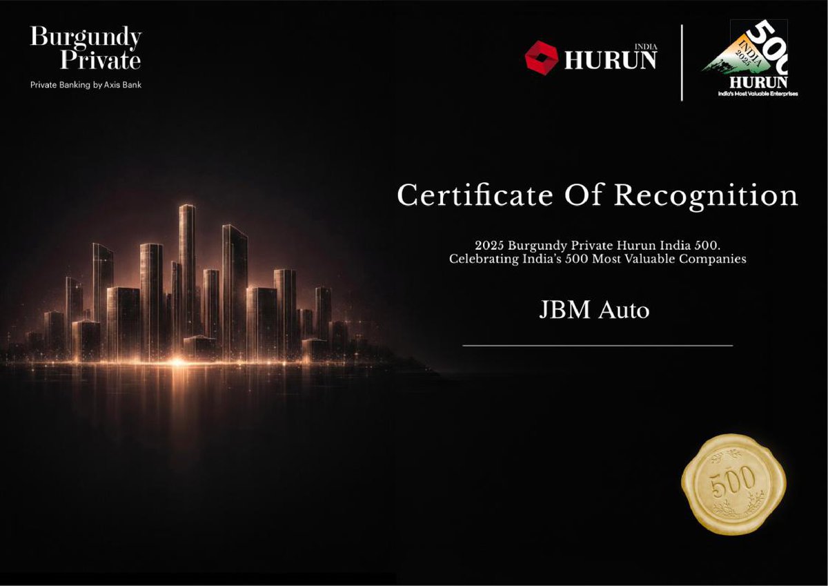 JBMAuto's tweet photo. Proud to share that JBM Auto has been recognized in the 2025 Hurun India 500, among India’s 500 Most Valuable Companies.

This milestone reflects our commitment to innovation, engineering excellence and sustainable mobility.

#JBMAuto #HurunIndia500 https://t.co/zzOihZOKKx