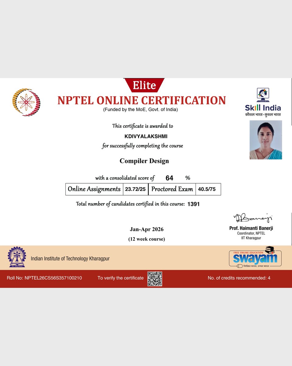 ksrmceofficial's tweet photo. Congratulations ! 

 #KSRMCE #NPTEL #IIT #Compilerdesign #ECE #Congratulations https://t.co/6RR75dwzbA