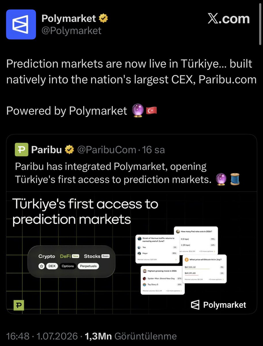 ulkerbey's tweet photo. "Tahmin piyasası" adı altında dijital kumara yeni kılıflar uyduruluyor. Paribu'nun Polymarket adımı, zaten ekonomik zorluk çeken milletimizi kumar batağına itmektir. Yuva yıkan, hayatları karartan, insanları intihara sürükleyen bu tür araçların Türkiye'de yeri olmamalı😔 https://t.co/6Q2FQIczub